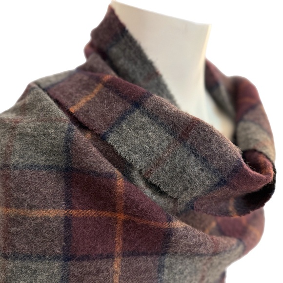 Plaid Wool Scarf – Grey, Burgundy & Rust Check - 12.5″ x 66″ - Picture 3 of 11